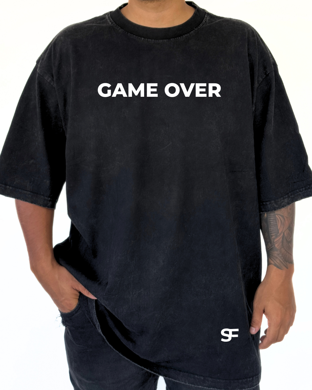 Camiseta Oversize Algodón 265G Negra-Blanco Pintada