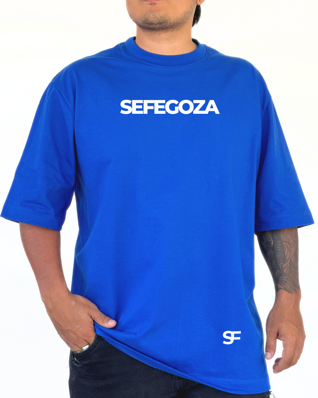 Camiseta Oversize Algodón 220G Azul Rey-Blanca