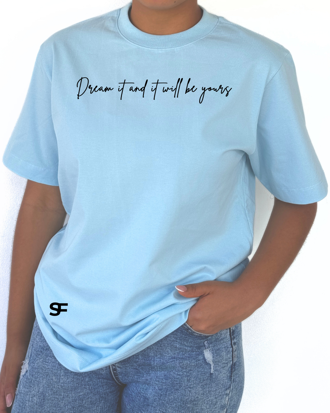 Camiseta De Mujer Oversize 265G Cursiva Azul Bebé