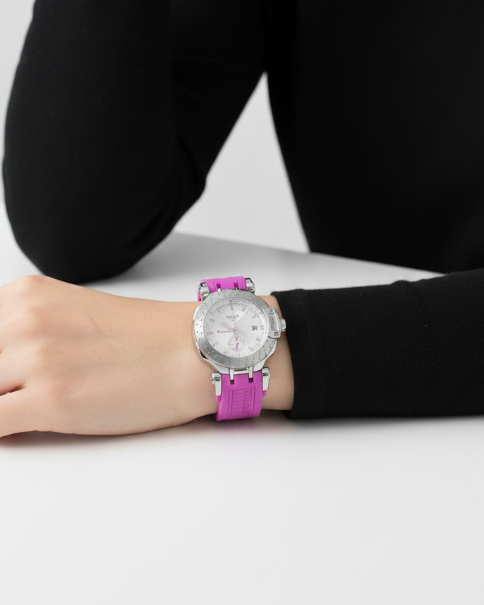 Reloj Tsst Mujer Goma Rosa Tablero Plateado Negro